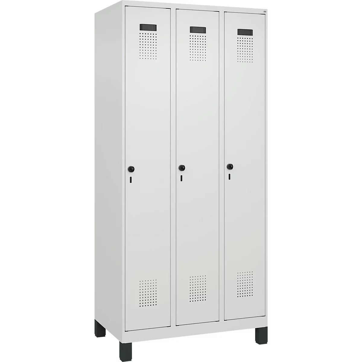 Vestiaire C+P Evolo Plus, 3 compartiments, largeur des compartiments 300 mm, avec pieds, verrou rotatif, L 900 x P 500 x H 1950 mm, gris clair/gris clair