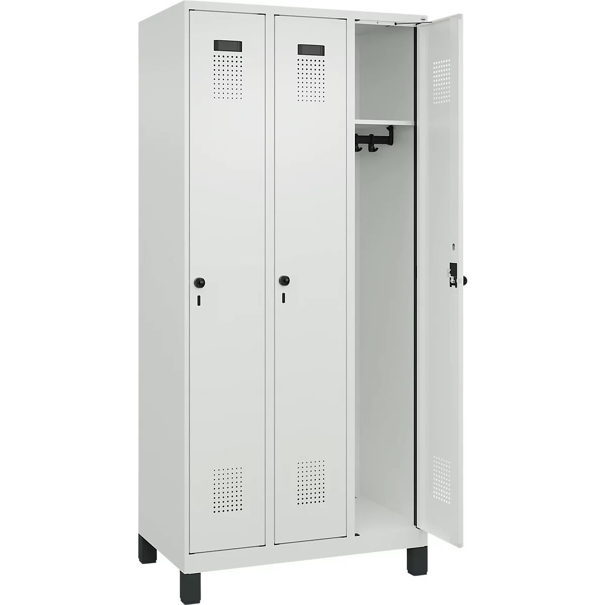 Vestiaire C+P Evolo Plus, 3 compartiments, largeur des compartiments 300 mm, avec pieds, verrou rotatif, L 900 x P 500 x H 1950 mm, gris clair/gris clair