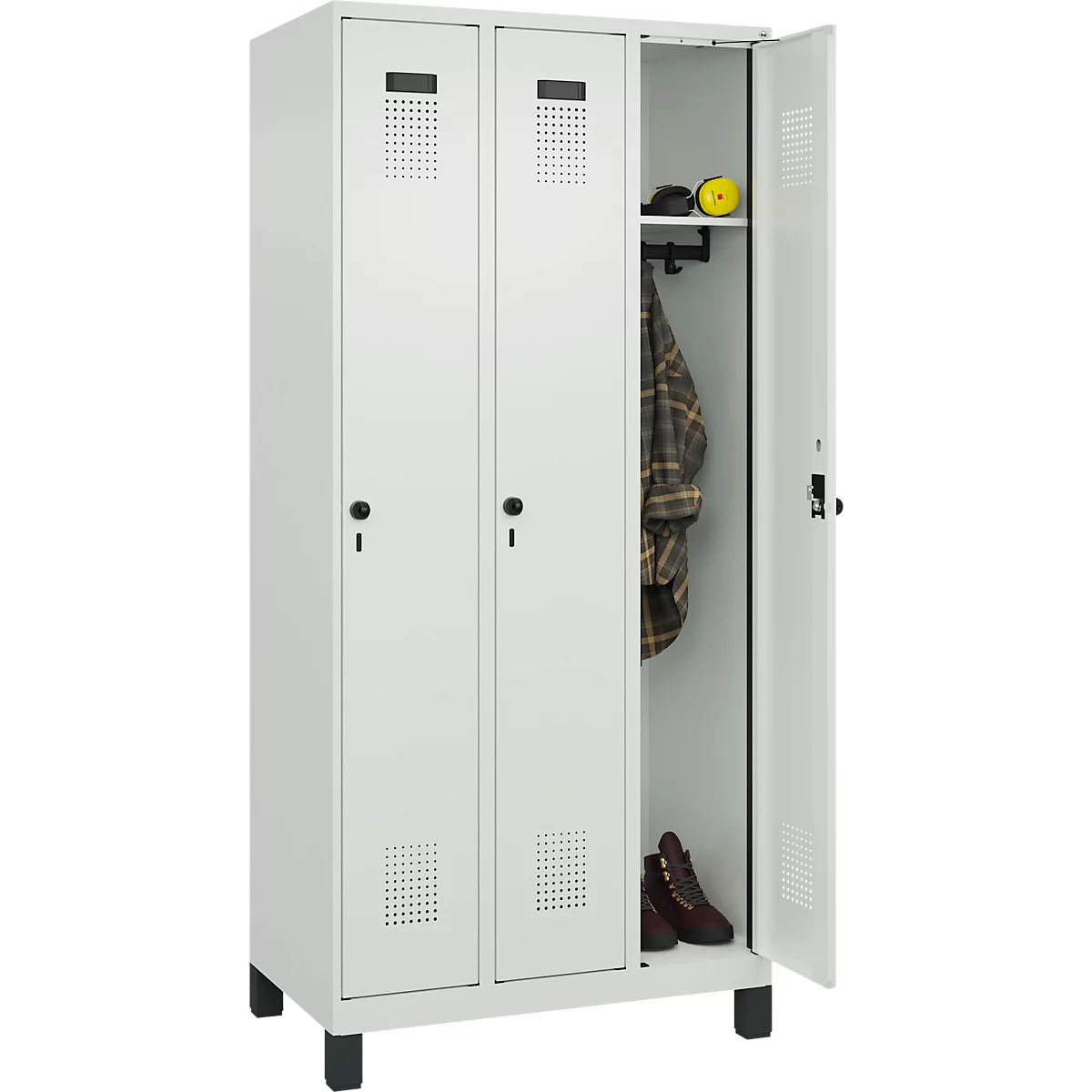 Vestiaire C+P Evolo Plus, 3 compartiments, largeur des compartiments 300 mm, avec pieds, verrou rotatif, L 900 x P 500 x H 1950 mm, gris clair/gris clair