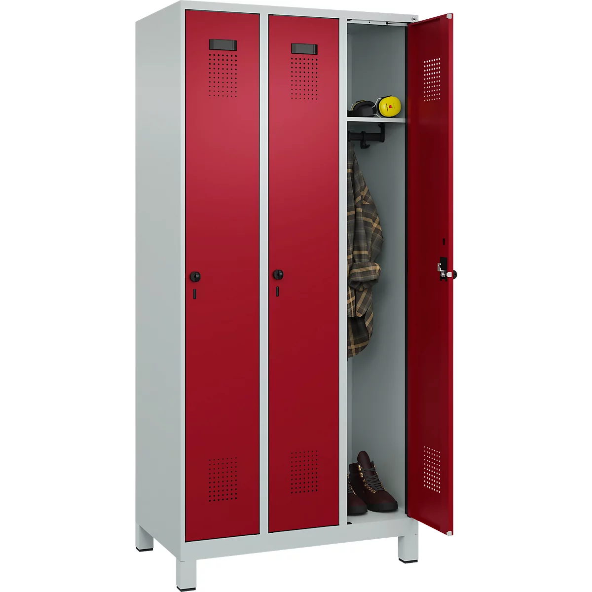 Vestiaire C+P Evolo Plus, 3 compartiments, largeur des compartiments 300 mm, avec pieds, verrou rotatif, L 900 x P 500 x H 1950 mm, gris clair/rouge rubis