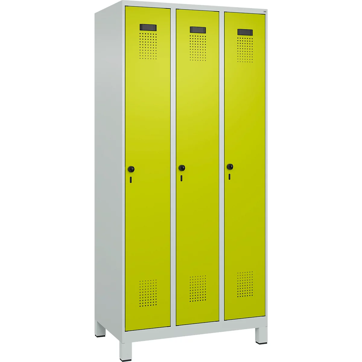Vestiaire C+P Evolo Plus, 3 compartiments, largeur des compartiments 300 mm, avec pieds, verrou rotatif, L 900 x P 500 x H 1950 mm, gris clair/vert clown