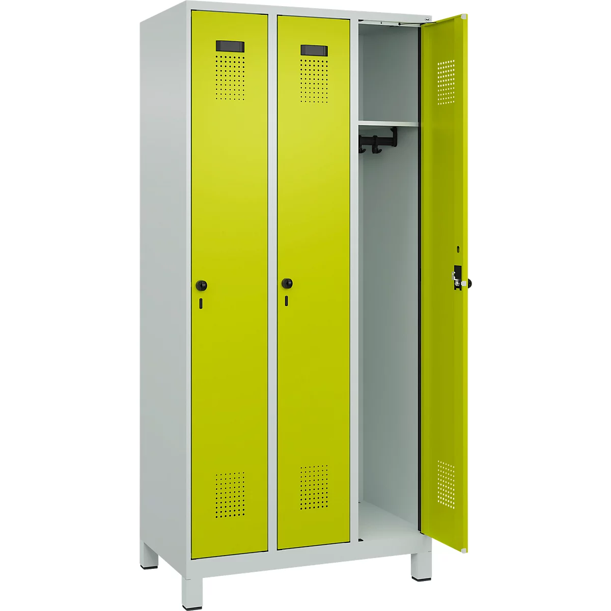 Vestiaire C+P Evolo Plus, 3 compartiments, largeur des compartiments 300 mm, avec pieds, verrou rotatif, L 900 x P 500 x H 1950 mm, gris clair/vert clown