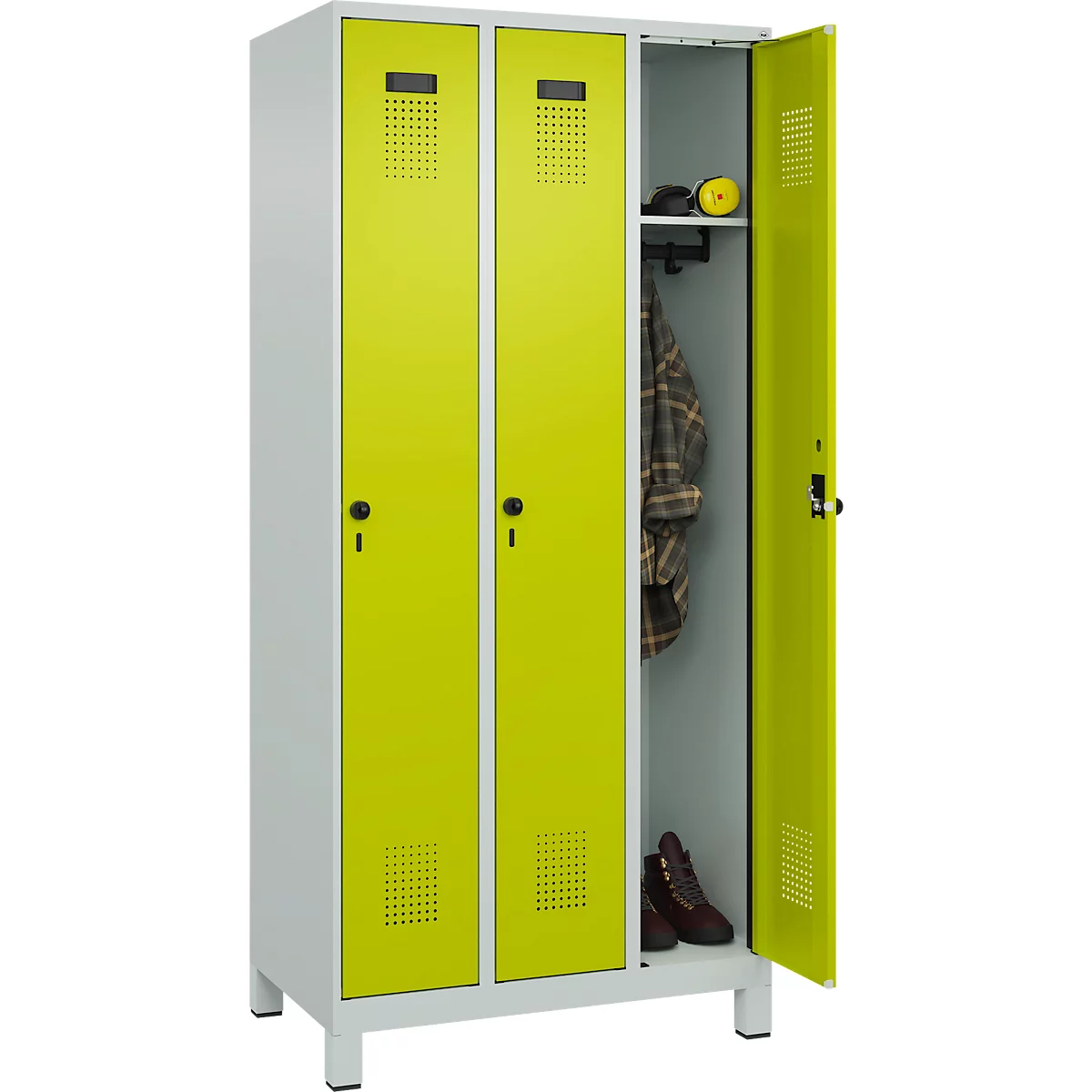 Vestiaire C+P Evolo Plus, 3 compartiments, largeur des compartiments 300 mm, avec pieds, verrou rotatif, L 900 x P 500 x H 1950 mm, gris clair/vert clown