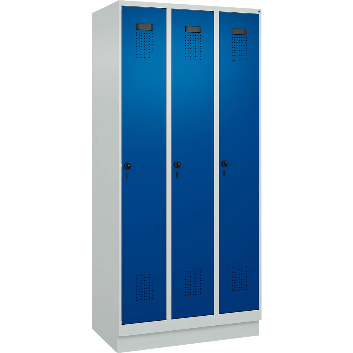 Vestiaire C+P Evolo Plus, 3 compartiments, largeur des compartiments 300 mm, avec socle, butée à droite, butée Soft, anti-effraction, L 900 x P 500 x H 1950 mm, fermeture de sécurité à pêne rotatif, gris clair RAL 7035/bleu enzyme RAL 5010