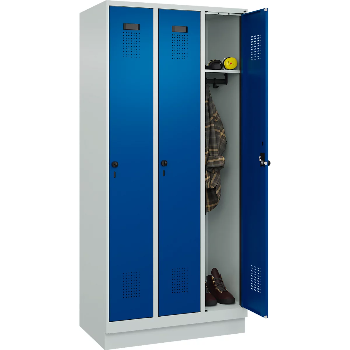 Vestiaire C+P Evolo Plus, 3 compartiments, largeur des compartiments 300 mm, avec socle, butée à droite, butée Soft, anti-effraction, L 900 x P 500 x H 1950 mm, fermeture de sécurité à pêne rotatif, gris clair RAL 7035/bleu enzyme RAL 5010