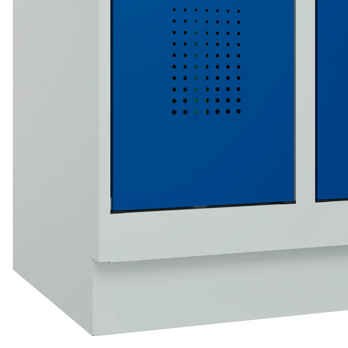 Vestiaire C+P Evolo Plus, 3 compartiments, largeur des compartiments 300 mm, avec socle, butée à droite, butée Soft, anti-effraction, L 900 x P 500 x H 1950 mm, fermeture de sécurité à pêne rotatif, gris clair RAL 7035/bleu enzyme RAL 5010