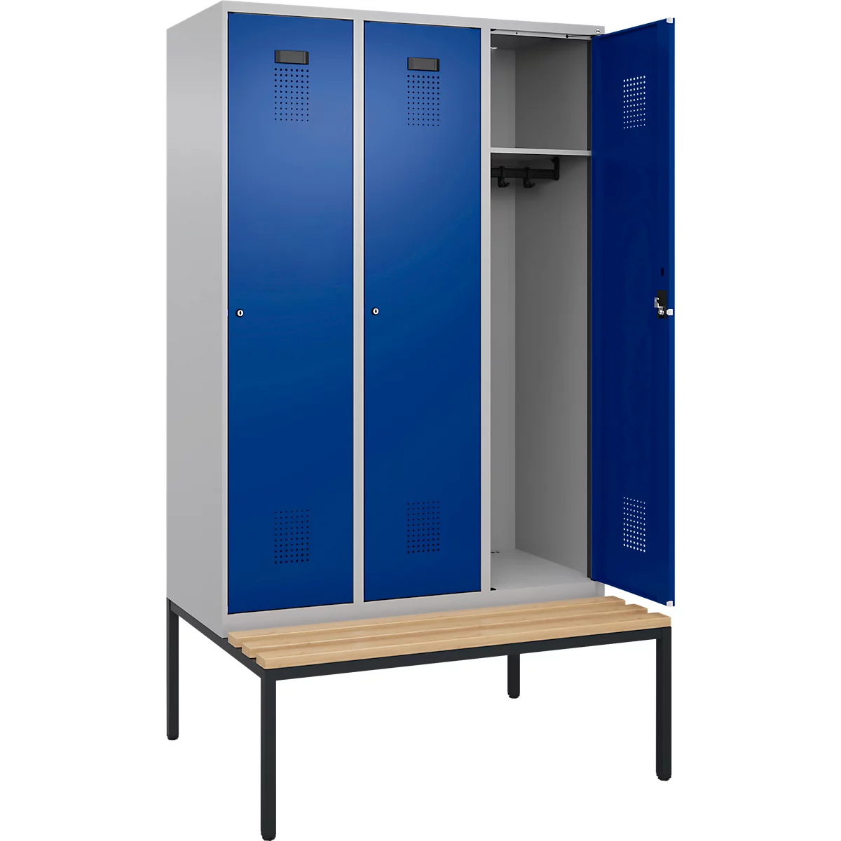 Vestiaire C+P Evolo Plus, 3 compartiments, largeur des compartiments 400 mm, avec banc encastré, L 1200 x P 815 x H 2120 mm, cylindre, aluminium blanc/bleu gentiane