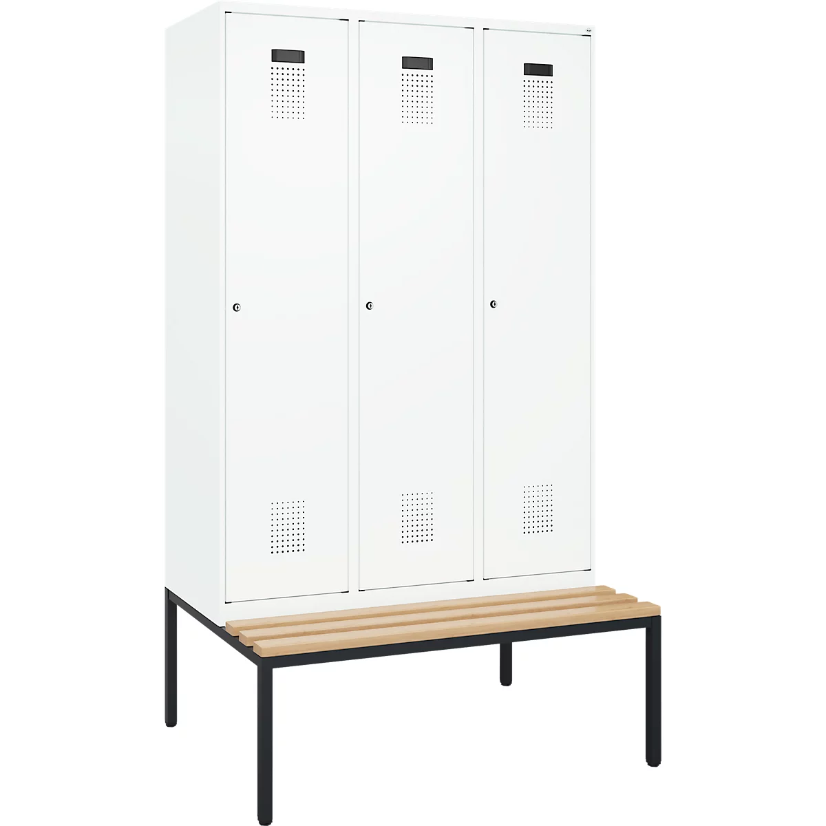 Vestiaire C+P Evolo Plus, 3 compartiments, largeur des compartiments 400 mm, avec banc encastré, L 1200 x P 815 x H 2120 mm, cylindre, blanc signalisation/blanc trafic