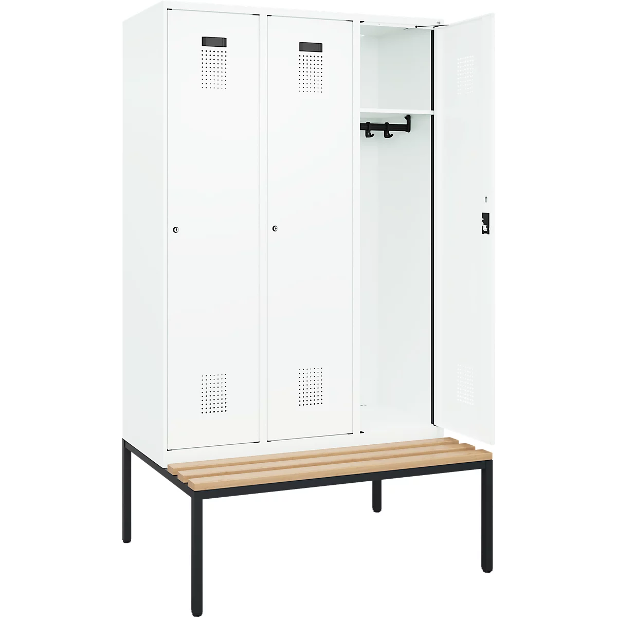 Vestiaire C+P Evolo Plus, 3 compartiments, largeur des compartiments 400 mm, avec banc encastré, L 1200 x P 815 x H 2120 mm, cylindre, blanc signalisation/blanc trafic