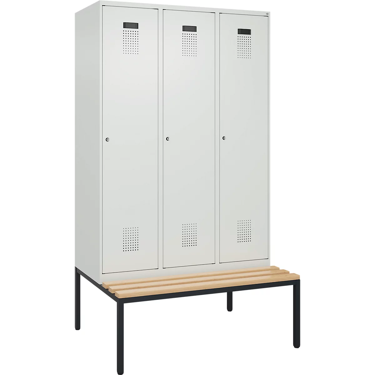 Vestiaire C+P Evolo Plus, 3 compartiments, largeur des compartiments 400 mm, avec banc encastré, L 1200 x P 815 x H 2120 mm, cylindre, gris clair/gris clair
