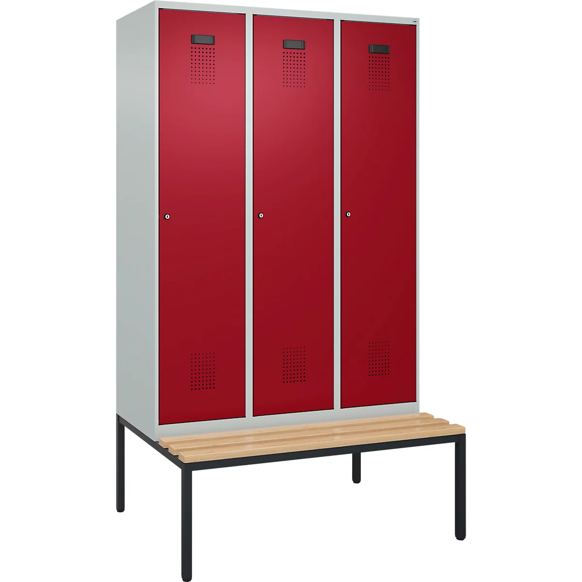 Vestiaire C+P Evolo Plus, 3 compartiments, largeur des compartiments 400 mm, avec banc encastré, L 1200 x P 815 x H 2120 mm, cylindre, gris clair/rouge rubis