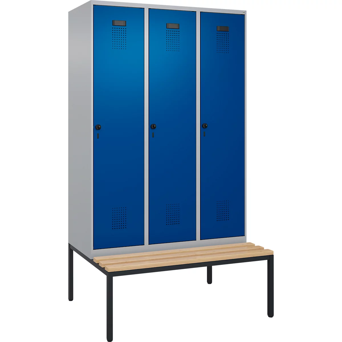Vestiaire C+P Evolo Plus, 3 compartiments, largeur des compartiments 400 mm, avec banc encastré, L 1200 x P 815 x H 2120 mm, loquet rotatif, blanc aluminium/bleu gentiane
