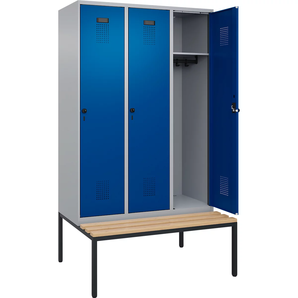 Vestiaire C+P Evolo Plus, 3 compartiments, largeur des compartiments 400 mm, avec banc encastré, L 1200 x P 815 x H 2120 mm, loquet rotatif, blanc aluminium/bleu gentiane