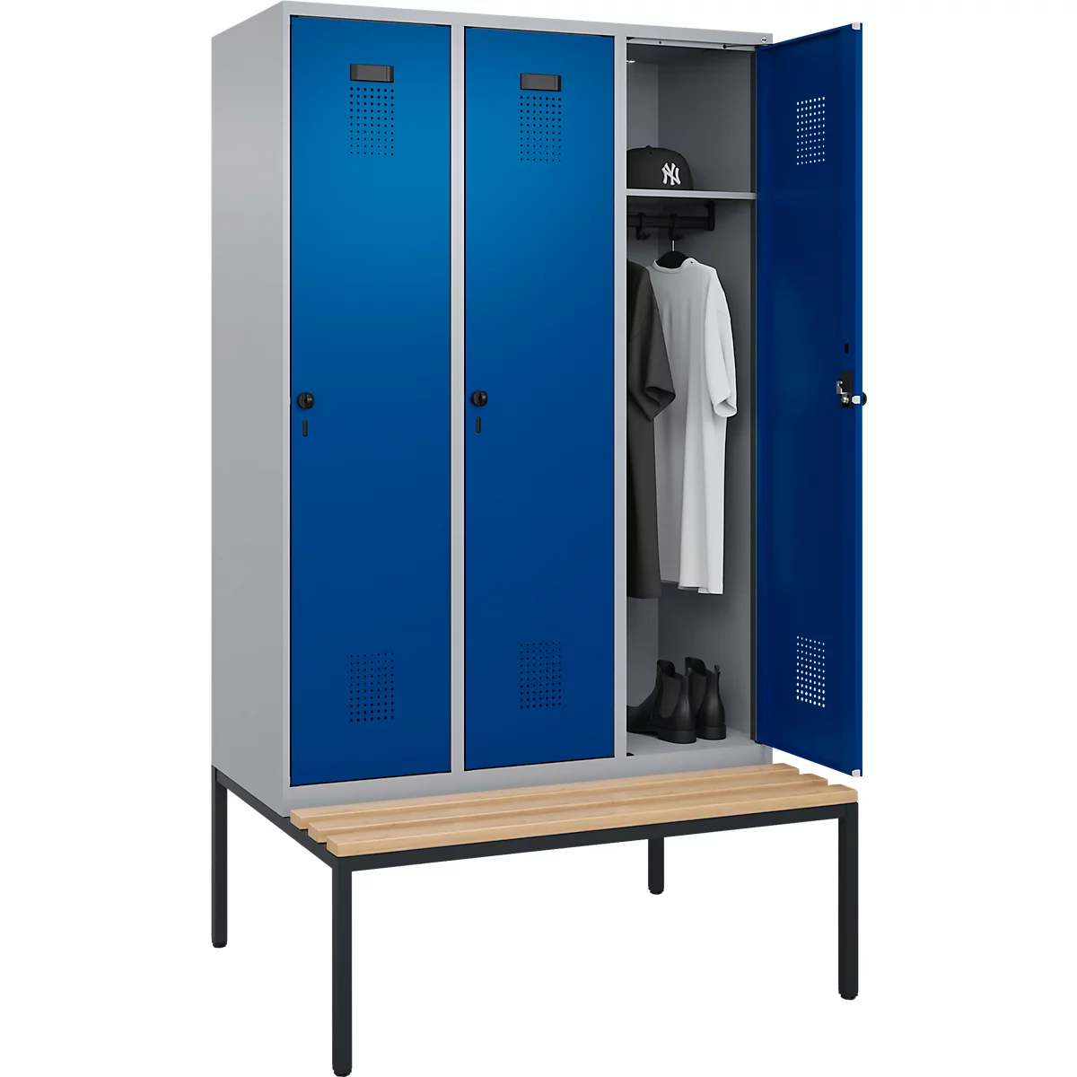Vestiaire C+P Evolo Plus, 3 compartiments, largeur des compartiments 400 mm, avec banc encastré, L 1200 x P 815 x H 2120 mm, loquet rotatif, blanc aluminium/bleu gentiane