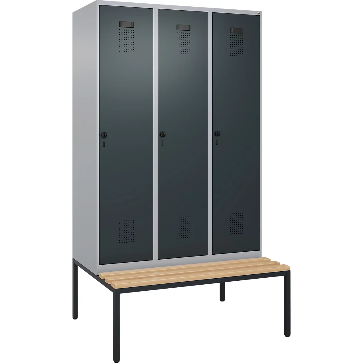 Vestiaire C+P Evolo Plus, 3 compartiments, largeur des compartiments 400 mm, avec banc encastré, L 1200 x P 815 x H 2120 mm, verrou rotatif, blanc aluminium/gris anthracite