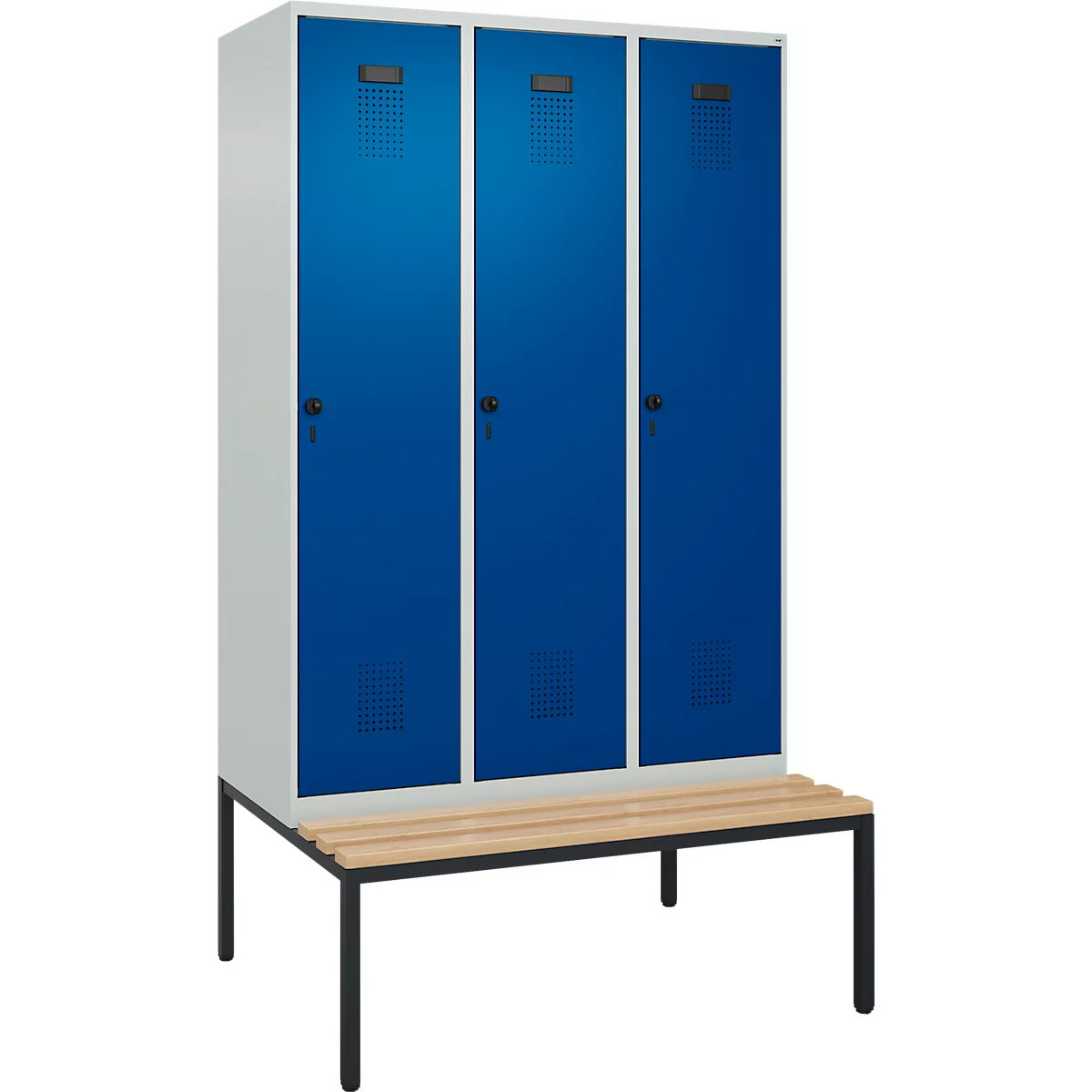 Vestiaire C+P Evolo Plus, 3 compartiments, largeur des compartiments 400 mm, avec banc encastré, L 1200 x P 815 x H 2120 mm, verrou rotatif, gris clair/bleu gentiane