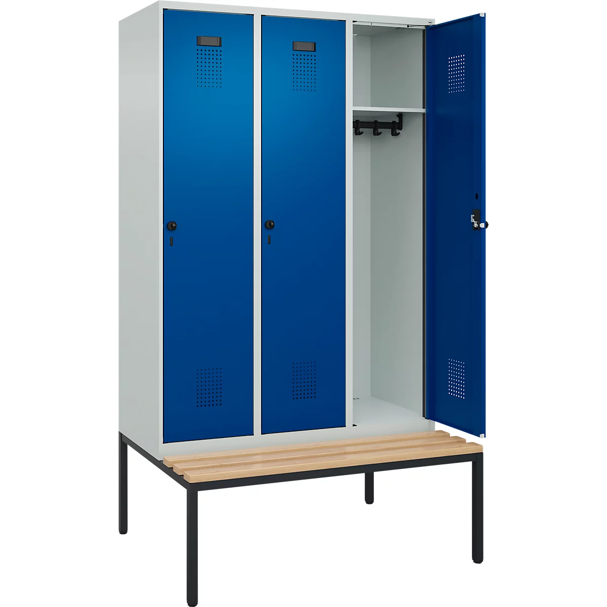 Vestiaire C+P Evolo Plus, 3 compartiments, largeur des compartiments 400 mm, avec banc encastré, L 1200 x P 815 x H 2120 mm, verrou rotatif, gris clair/bleu gentiane