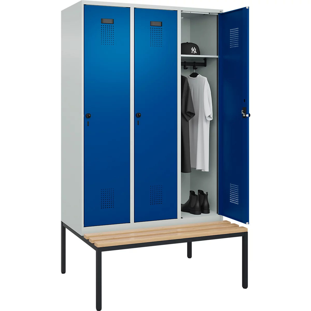 Vestiaire C+P Evolo Plus, 3 compartiments, largeur des compartiments 400 mm, avec banc encastré, L 1200 x P 815 x H 2120 mm, verrou rotatif, gris clair/bleu gentiane