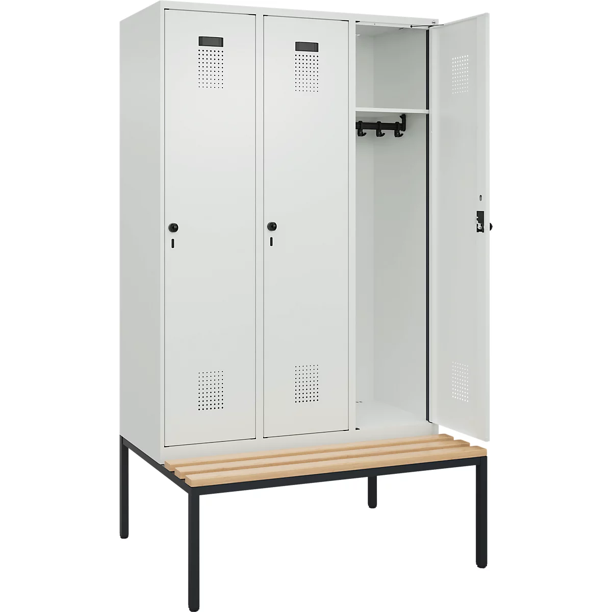 Vestiaire C+P Evolo Plus, 3 compartiments, largeur des compartiments 400 mm, avec banc encastré, L 1200 x P 815 x H 2120 mm, verrou rotatif, gris clair/gris clair