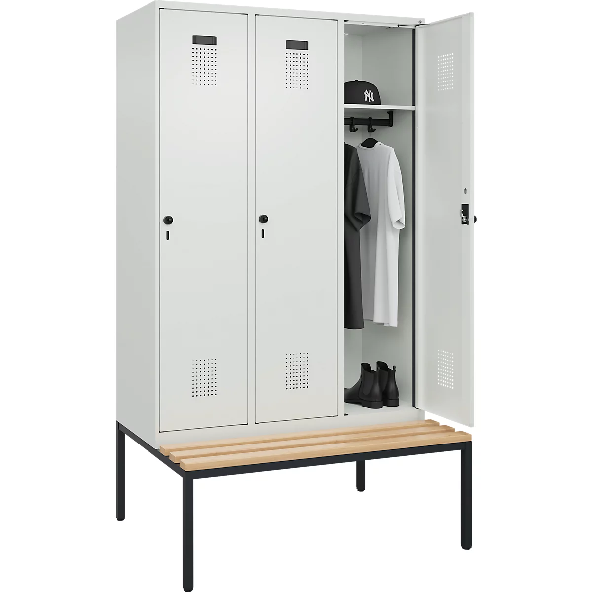 Vestiaire C+P Evolo Plus, 3 compartiments, largeur des compartiments 400 mm, avec banc encastré, L 1200 x P 815 x H 2120 mm, verrou rotatif, gris clair/gris clair
