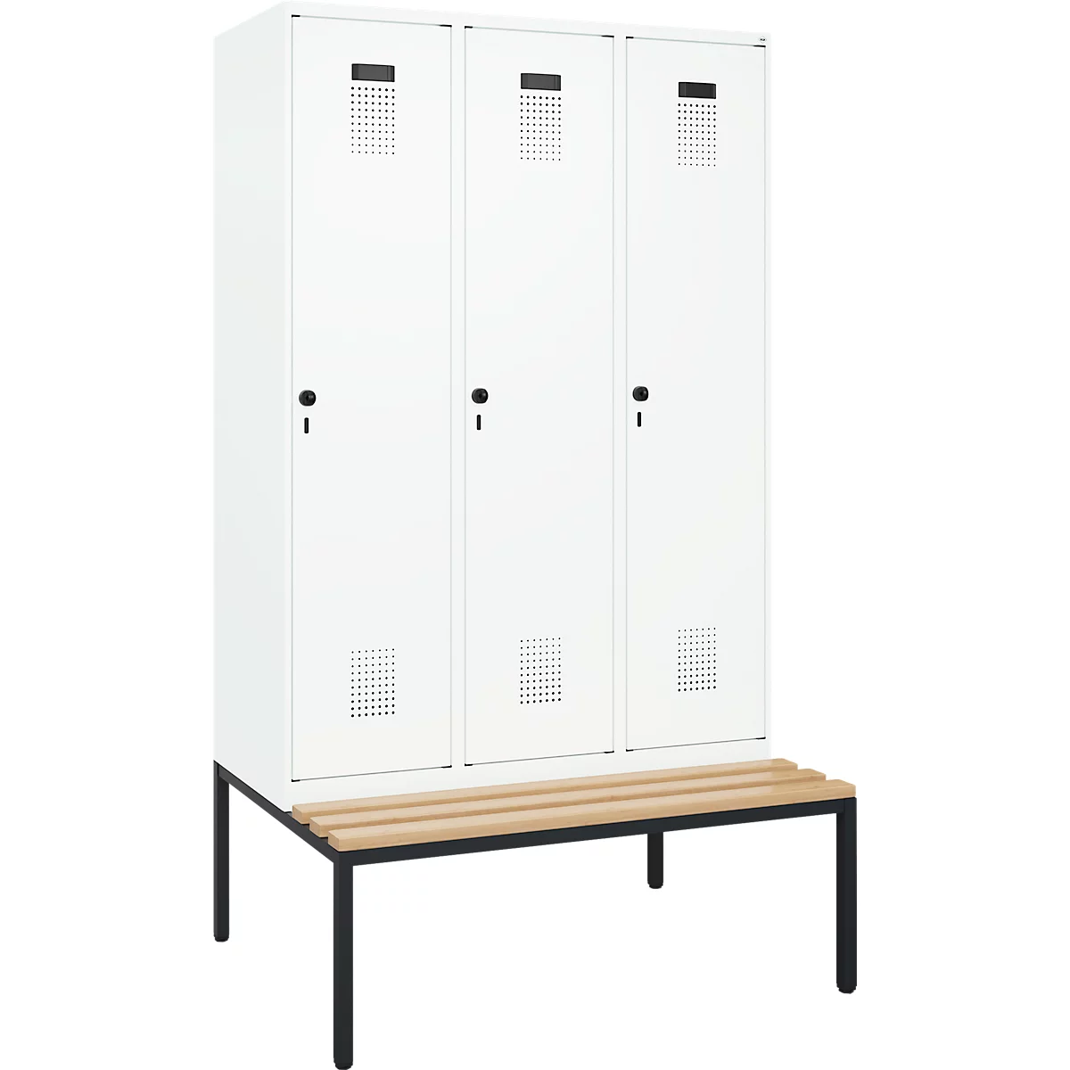 Vestiaire C+P Evolo Plus, 3 compartiments, largeur des compartiments 400 mm, avec banquette encastrée, L 1200 x P 815 x H 2120 mm, verrou rotatif, blanc signalisation/blanc trafic