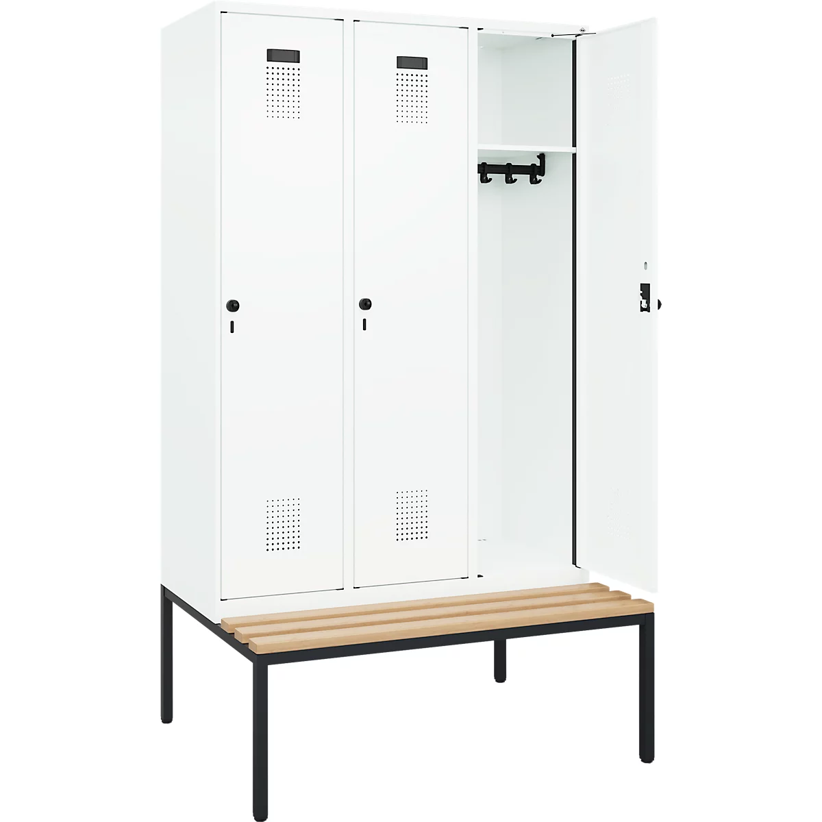 Vestiaire C+P Evolo Plus, 3 compartiments, largeur des compartiments 400 mm, avec banquette encastrée, L 1200 x P 815 x H 2120 mm, verrou rotatif, blanc signalisation/blanc trafic