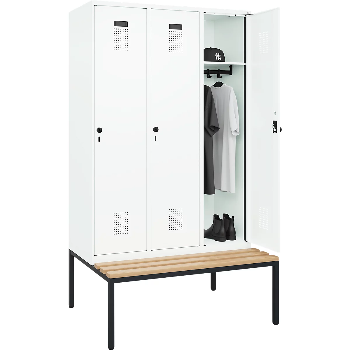Vestiaire C+P Evolo Plus, 3 compartiments, largeur des compartiments 400 mm, avec banquette encastrée, L 1200 x P 815 x H 2120 mm, verrou rotatif, blanc signalisation/blanc trafic