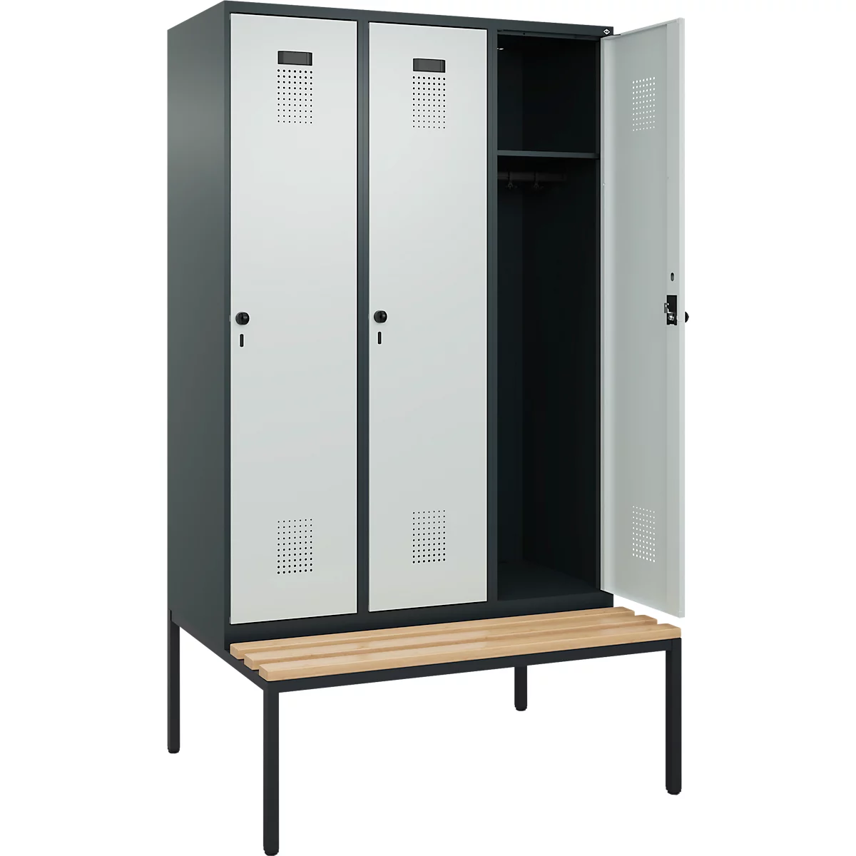 Vestiaire C+P Evolo Plus, 3 compartiments, largeur des compartiments 400 mm, avec banquette encastrée, L 1200 x P 815 x H 2120 mm, verrou rotatif, gris anthracite/gris clair