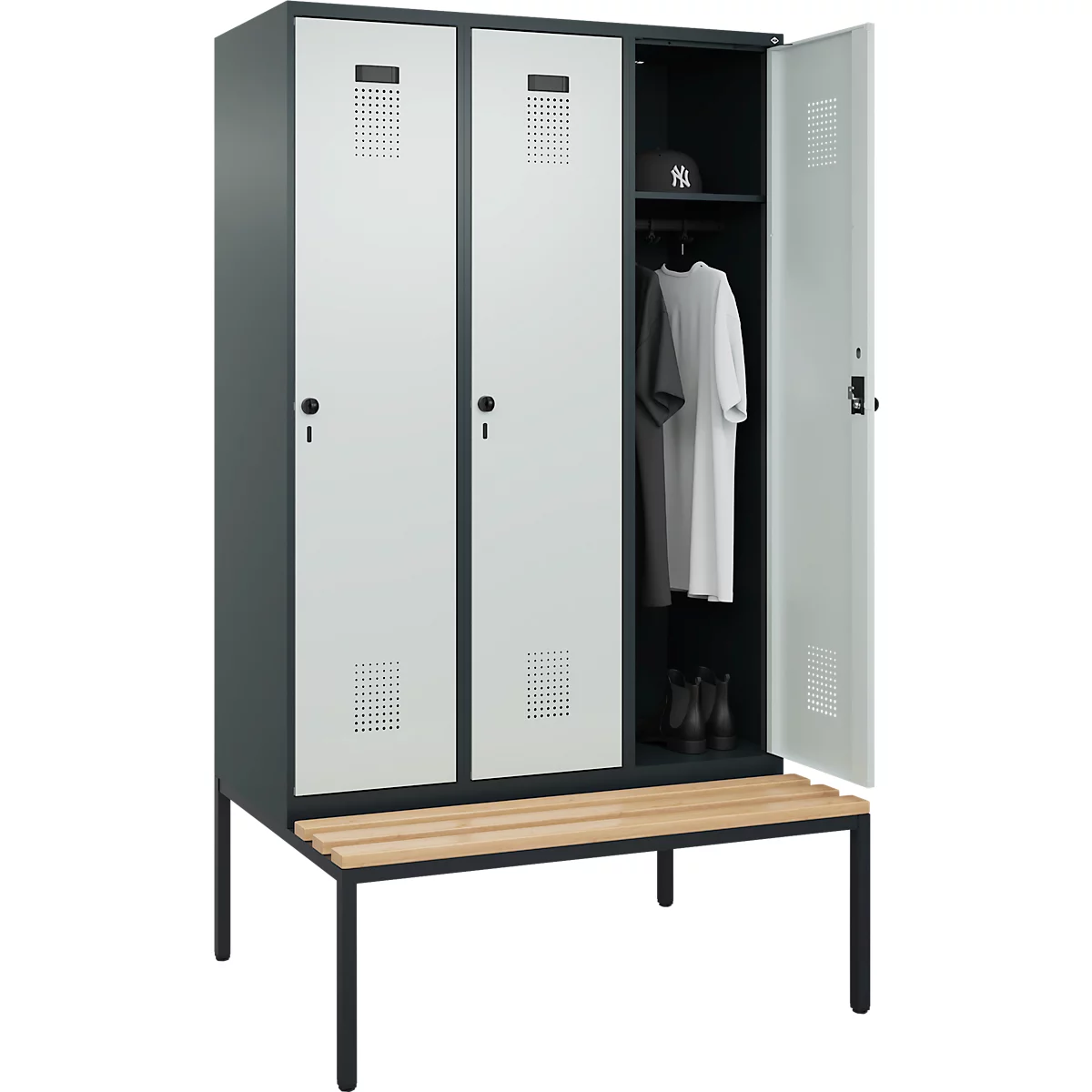 Vestiaire C+P Evolo Plus, 3 compartiments, largeur des compartiments 400 mm, avec banquette encastrée, L 1200 x P 815 x H 2120 mm, verrou rotatif, gris anthracite/gris clair