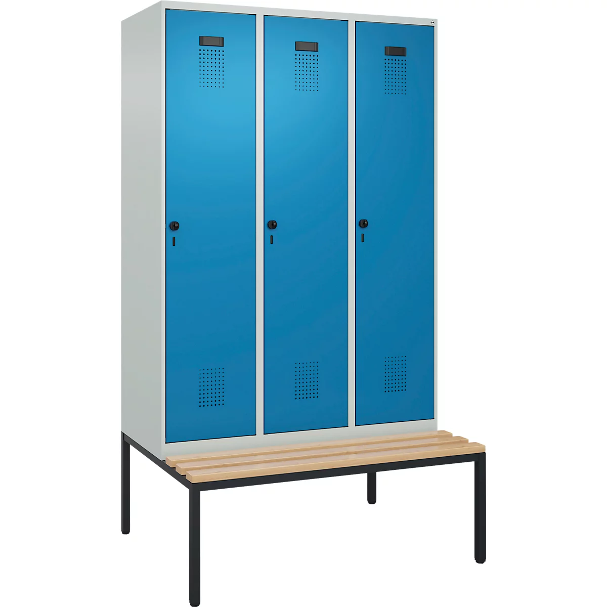 Vestiaire C+P Evolo Plus, 3 compartiments, largeur des compartiments 400 mm, avec banquette encastrée, L 1200 x P 815 x H 2120 mm, verrou rotatif, gris clair/bleu clair