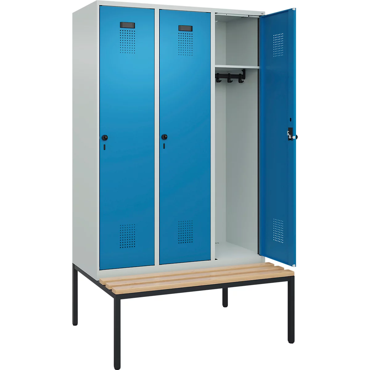 Vestiaire C+P Evolo Plus, 3 compartiments, largeur des compartiments 400 mm, avec banquette encastrée, L 1200 x P 815 x H 2120 mm, verrou rotatif, gris clair/bleu clair
