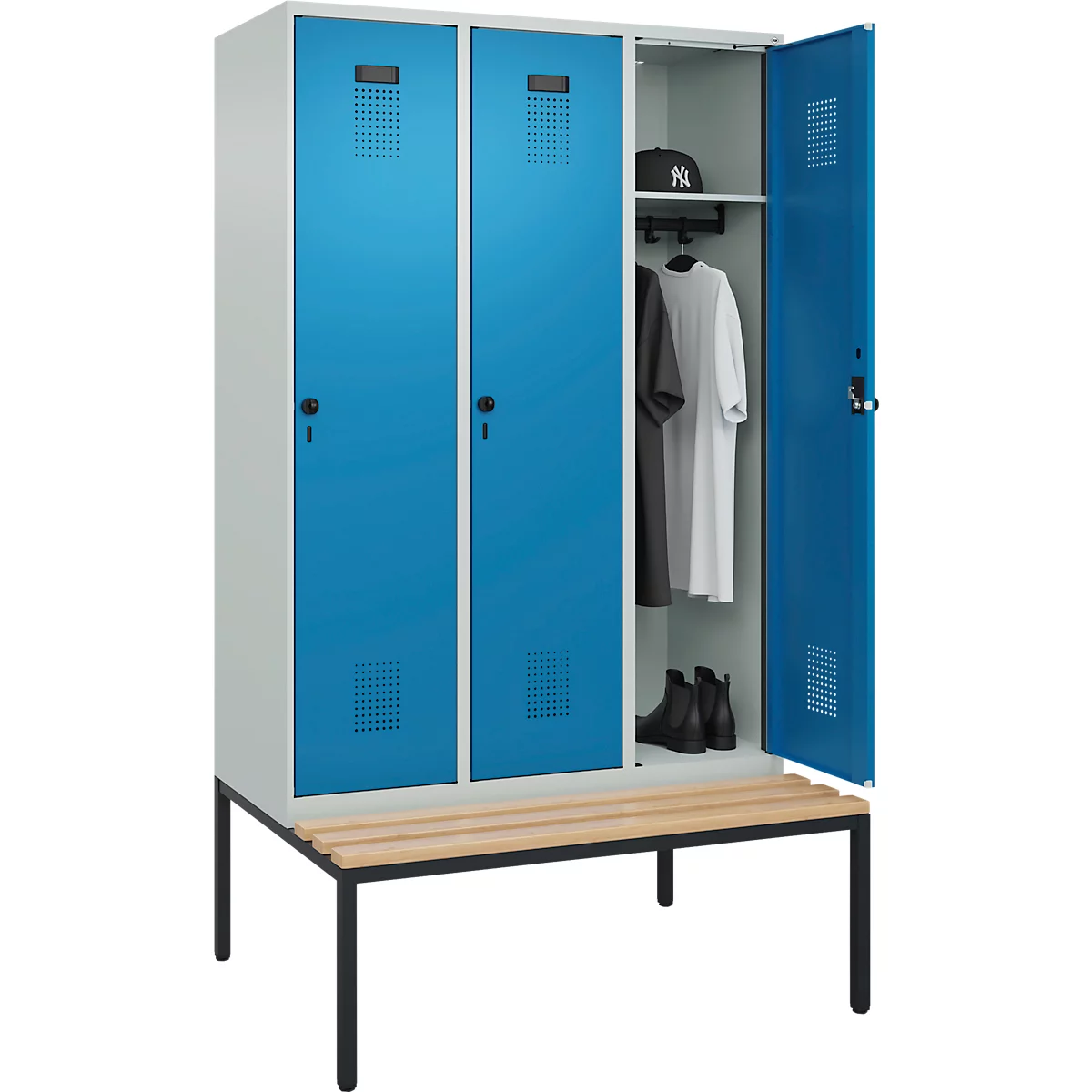 Vestiaire C+P Evolo Plus, 3 compartiments, largeur des compartiments 400 mm, avec banquette encastrée, L 1200 x P 815 x H 2120 mm, verrou rotatif, gris clair/bleu clair