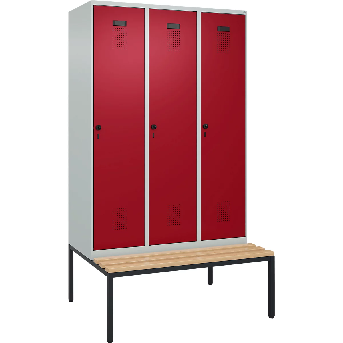 Vestiaire C+P Evolo Plus, 3 compartiments, largeur des compartiments 400 mm, avec banquette encastrée, L 1200 x P 815 x H 2120 mm, verrou rotatif, gris clair/rouge rubis