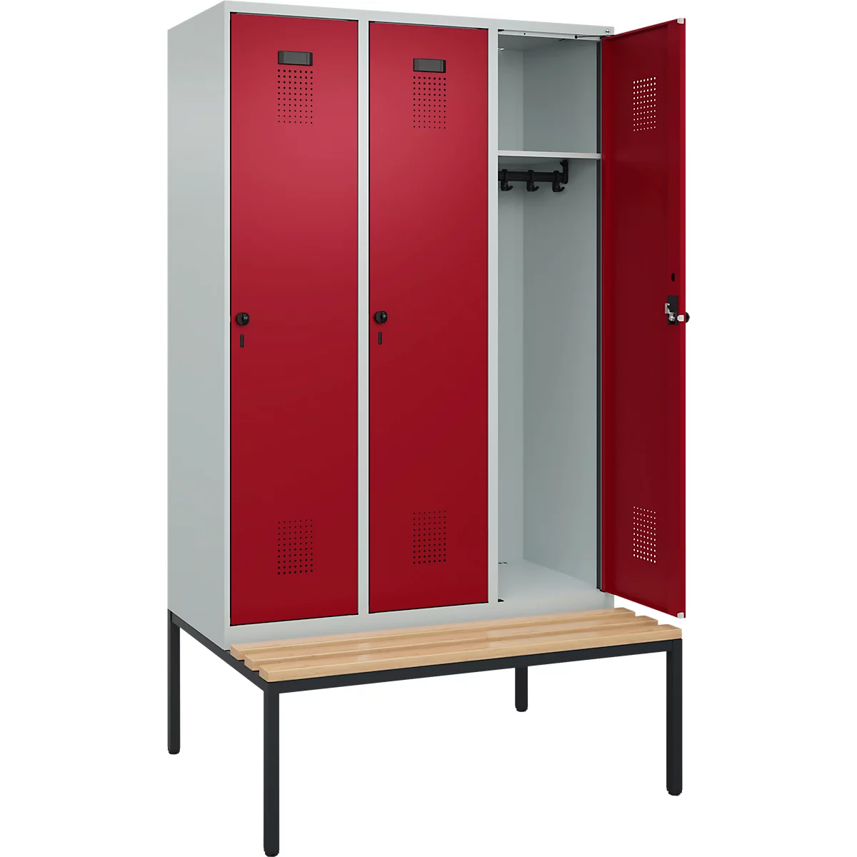Vestiaire C+P Evolo Plus, 3 compartiments, largeur des compartiments 400 mm, avec banquette encastrée, L 1200 x P 815 x H 2120 mm, verrou rotatif, gris clair/rouge rubis