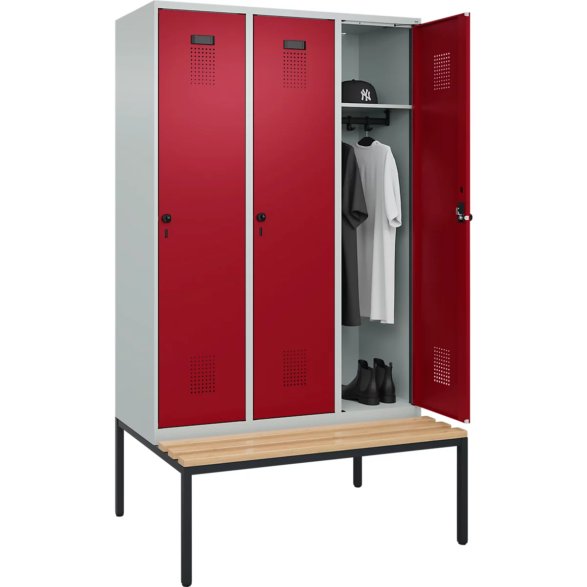 Vestiaire C+P Evolo Plus, 3 compartiments, largeur des compartiments 400 mm, avec banquette encastrée, L 1200 x P 815 x H 2120 mm, verrou rotatif, gris clair/rouge rubis