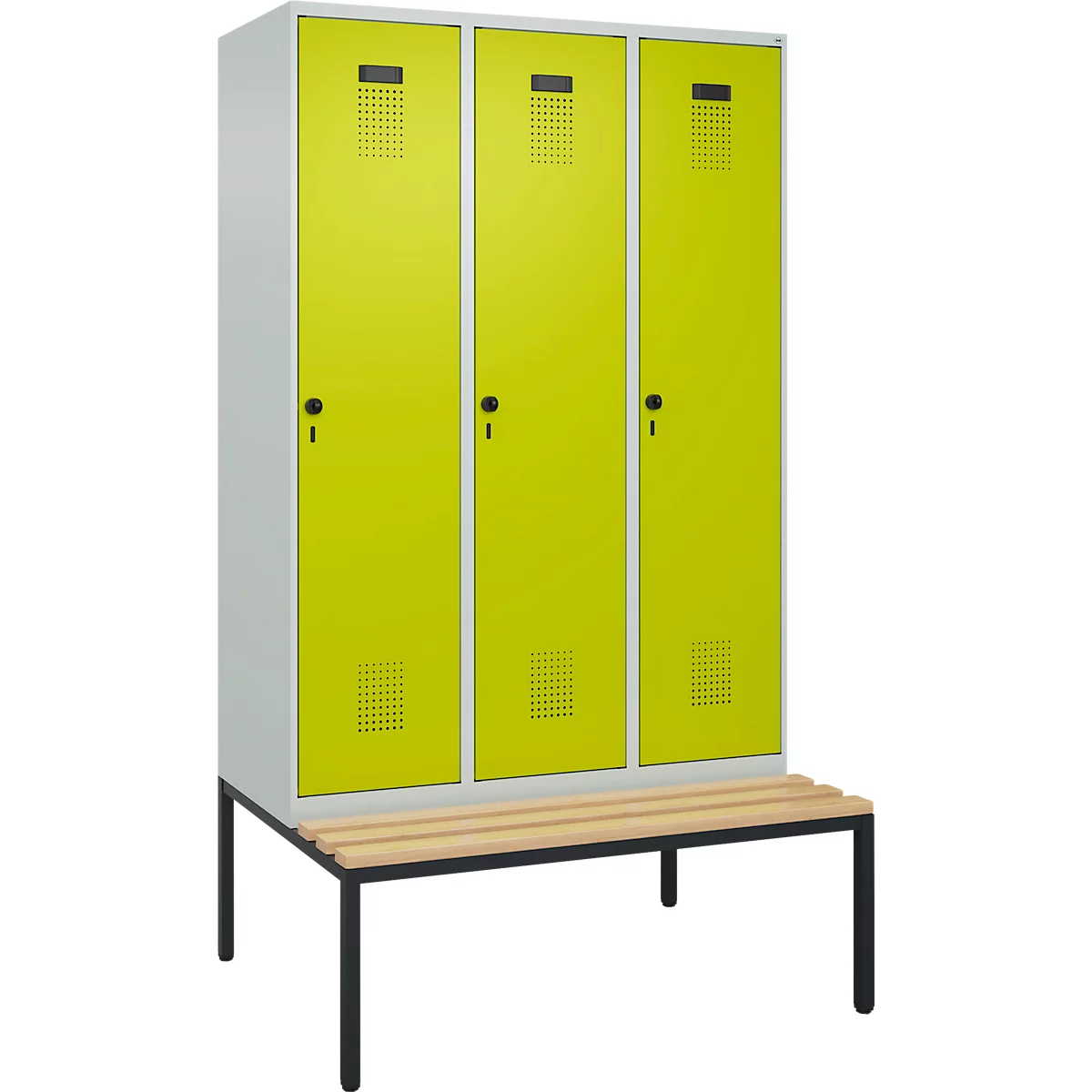 Vestiaire C+P Evolo Plus, 3 compartiments, largeur des compartiments 400 mm, avec banquette encastrée, L 1200 x P 815 x H 2120 mm, verrou rotatif, gris clair/vert clown