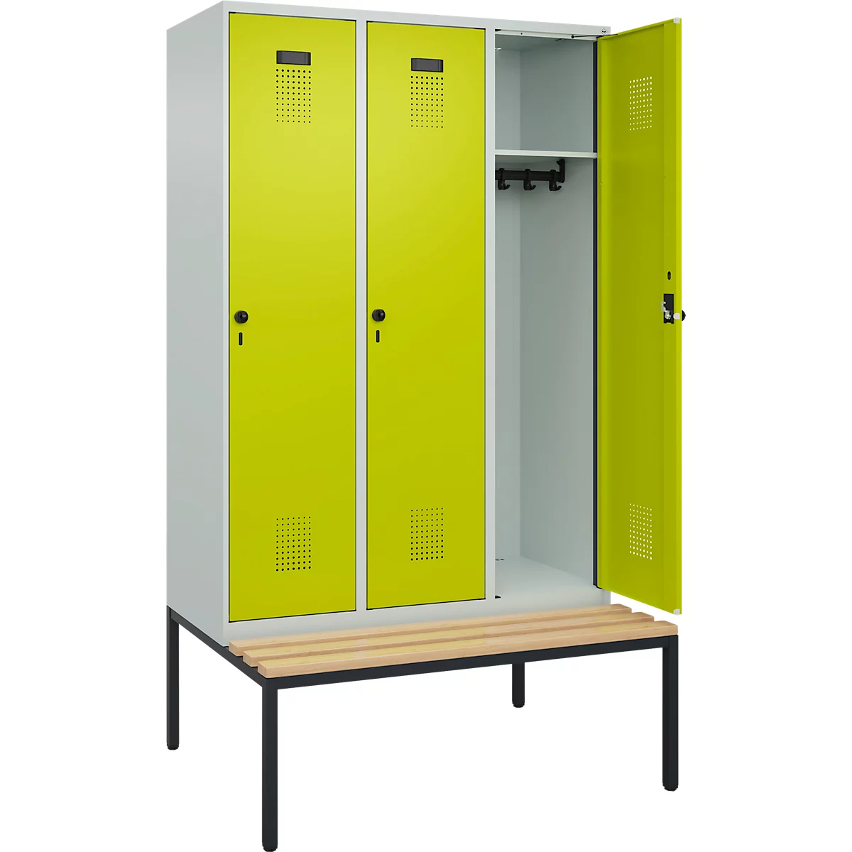 Vestiaire C+P Evolo Plus, 3 compartiments, largeur des compartiments 400 mm, avec banquette encastrée, L 1200 x P 815 x H 2120 mm, verrou rotatif, gris clair/vert clown
