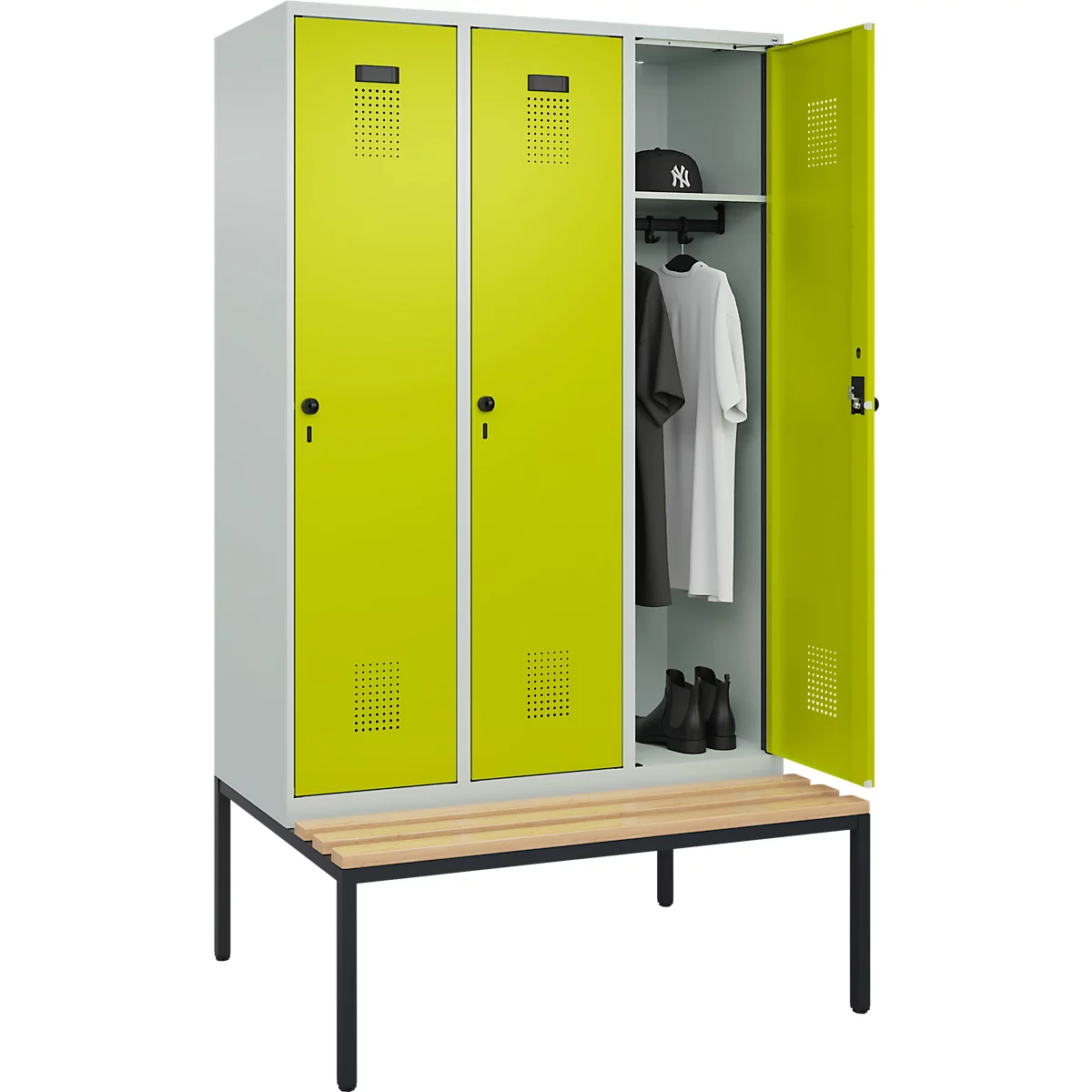 Vestiaire C+P Evolo Plus, 3 compartiments, largeur des compartiments 400 mm, avec banquette encastrée, L 1200 x P 815 x H 2120 mm, verrou rotatif, gris clair/vert clown