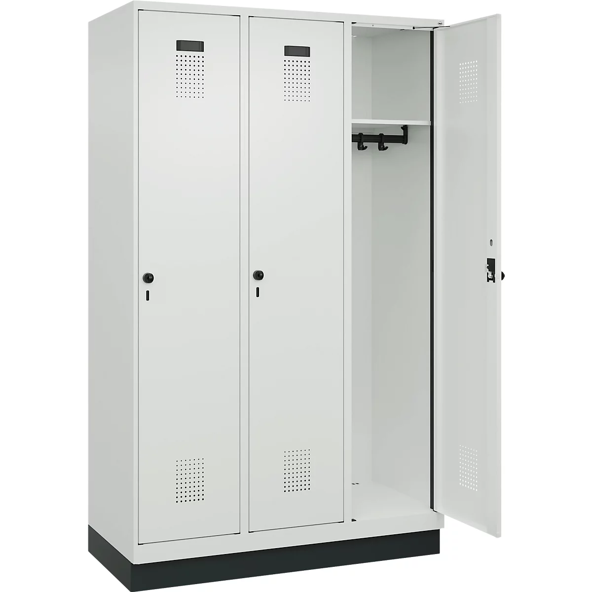 Vestiaire C+P Evolo Plus, 3 compartiments, largeur des compartiments 400 mm, avec socle, charnières à droite, L 1200 x P 500 x H 1950 mm, verrou rotatif, gris clair/gris clair