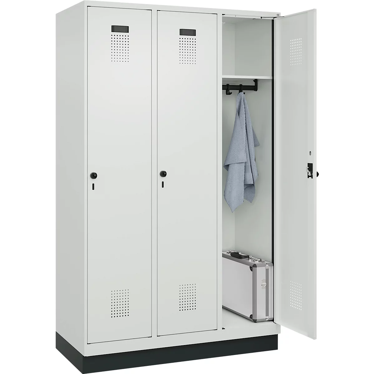 Vestiaire C+P Evolo Plus, 3 compartiments, largeur des compartiments 400 mm, avec socle, charnières à droite, L 1200 x P 500 x H 1950 mm, verrou rotatif, gris clair/gris clair