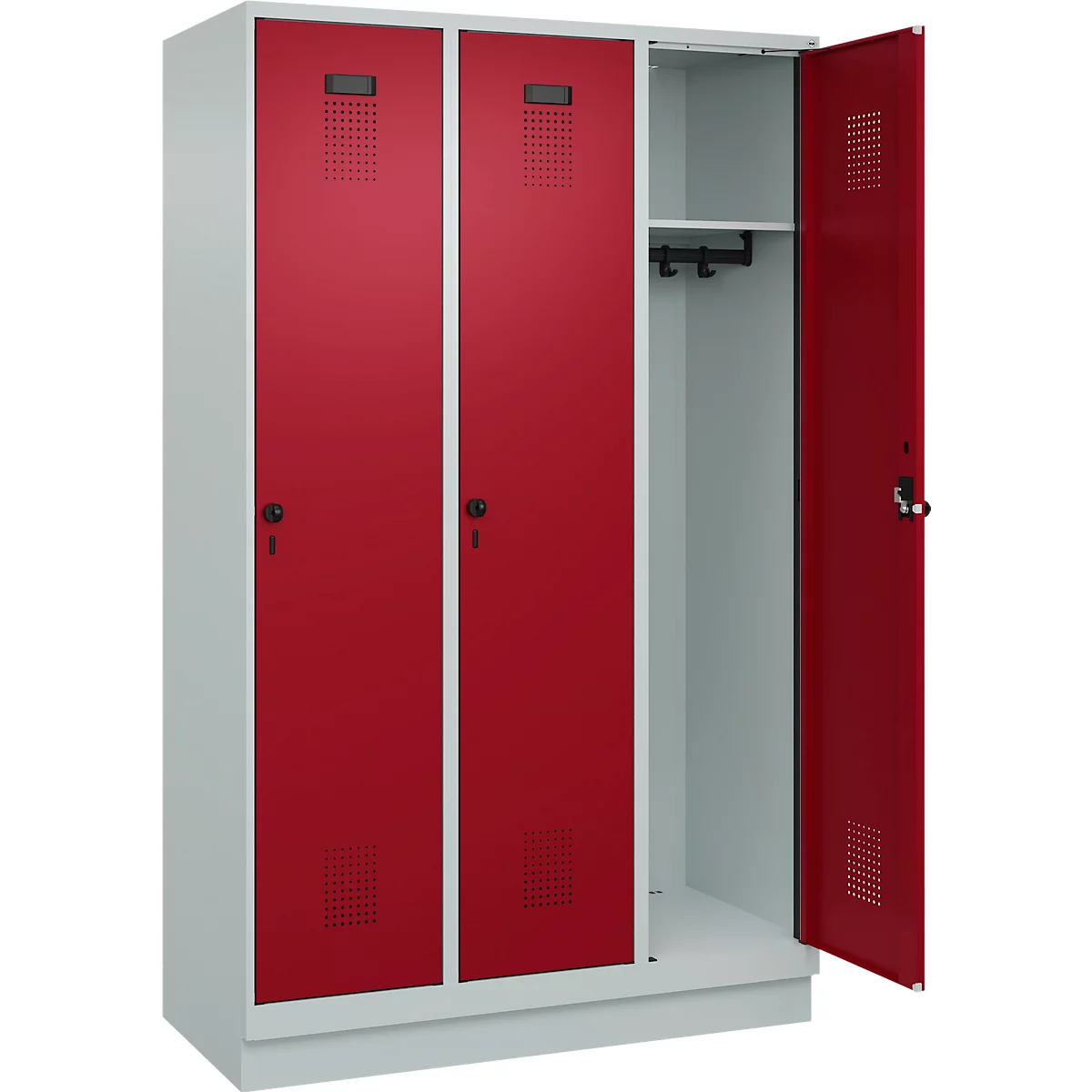 Vestiaire C+P Evolo Plus, 3 compartiments, largeur des compartiments 400 mm, avec socle, charnières à droite, L 1200 x P 500 x H 1950 mm, verrou rotatif, gris clair/rouge rubis