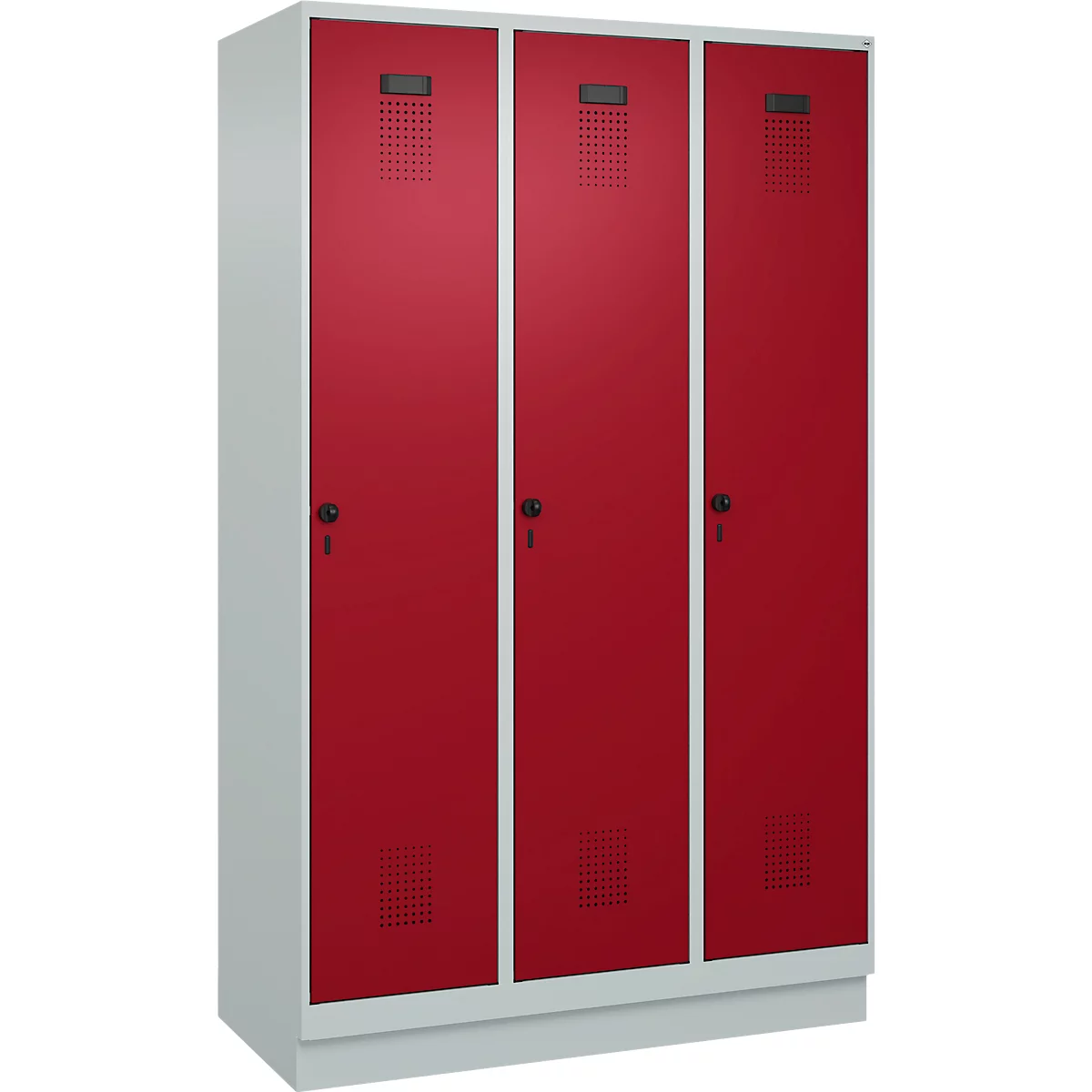Vestiaire C+P Evolo Plus, 3 compartiments, largeur des compartiments 400 mm, avec socle, charnières à droite, L 1200 x P 500 x H 1950 mm, verrou rotatif, gris clair/rouge rubis
