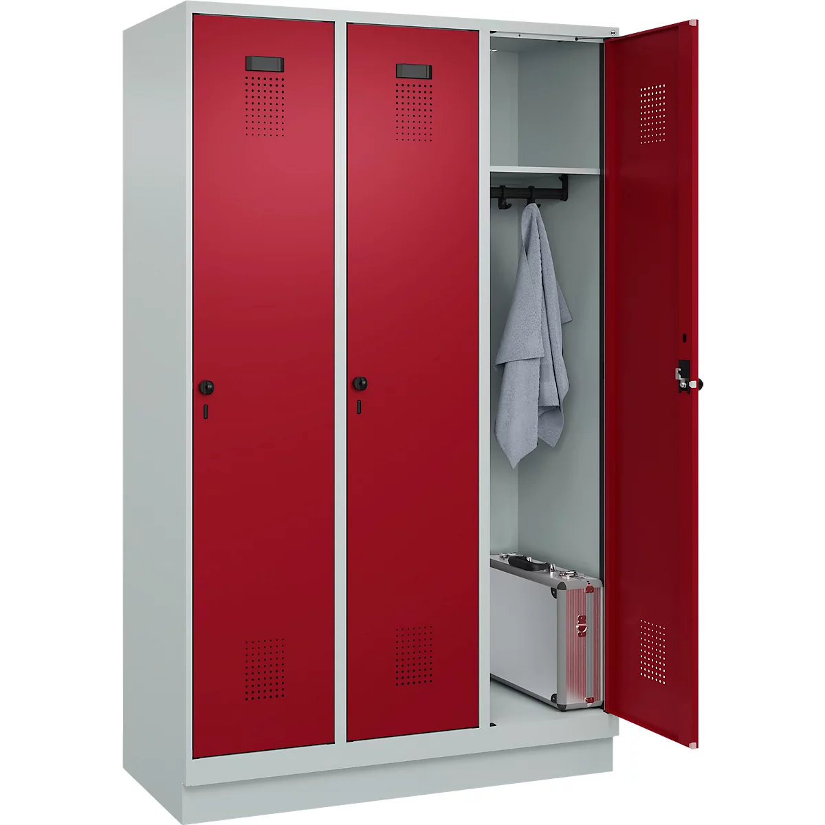 Vestiaire C+P Evolo Plus, 3 compartiments, largeur des compartiments 400 mm, avec socle, charnières à droite, L 1200 x P 500 x H 1950 mm, verrou rotatif, gris clair/rouge rubis