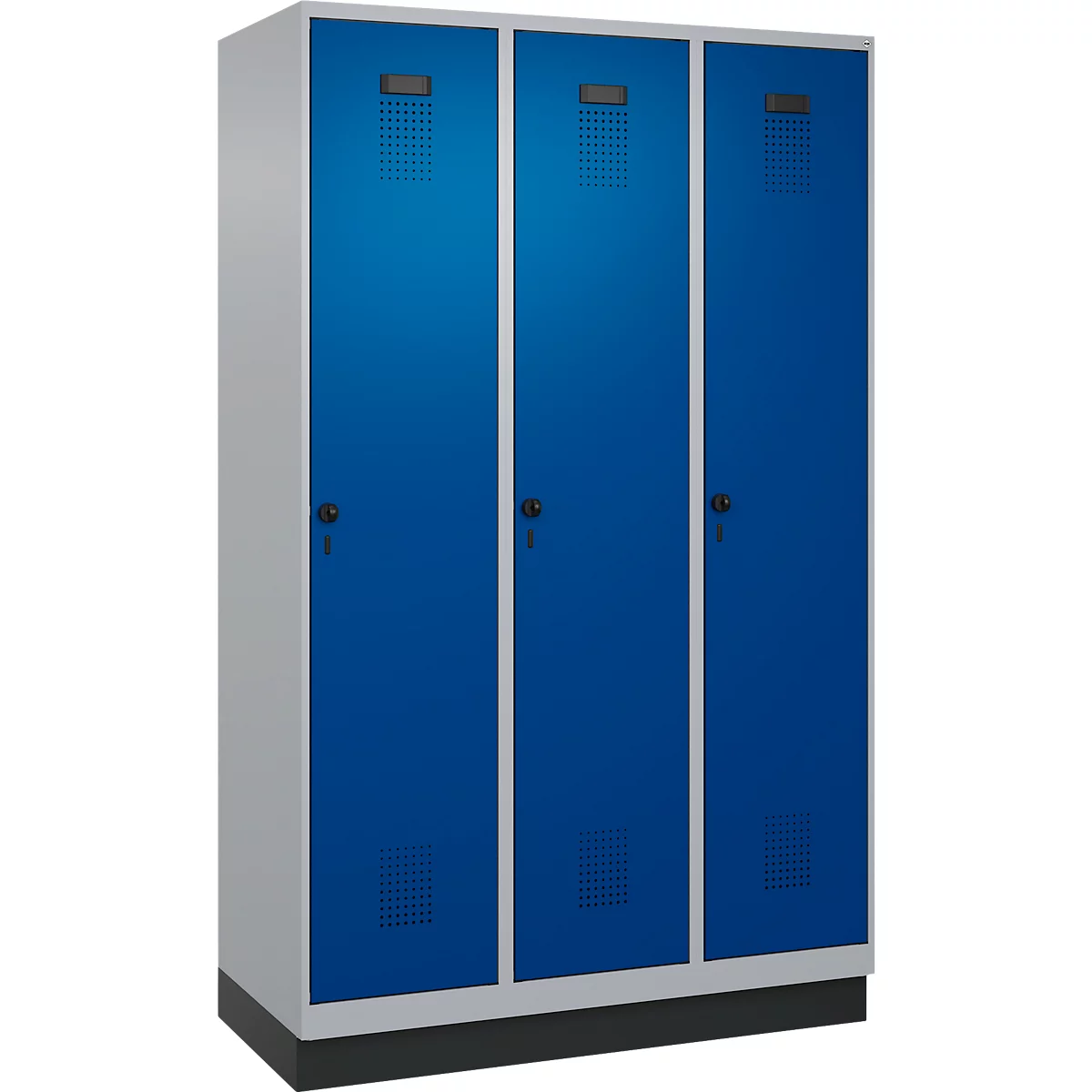 Vestiaire C+P Evolo Plus, 3 compartiments, largeur des compartiments 400 mm, avec socle, charnières à droite, L 1200 x P 500 x H 1950 mm, verrou tournant, blanc aluminium/bleu enzyme