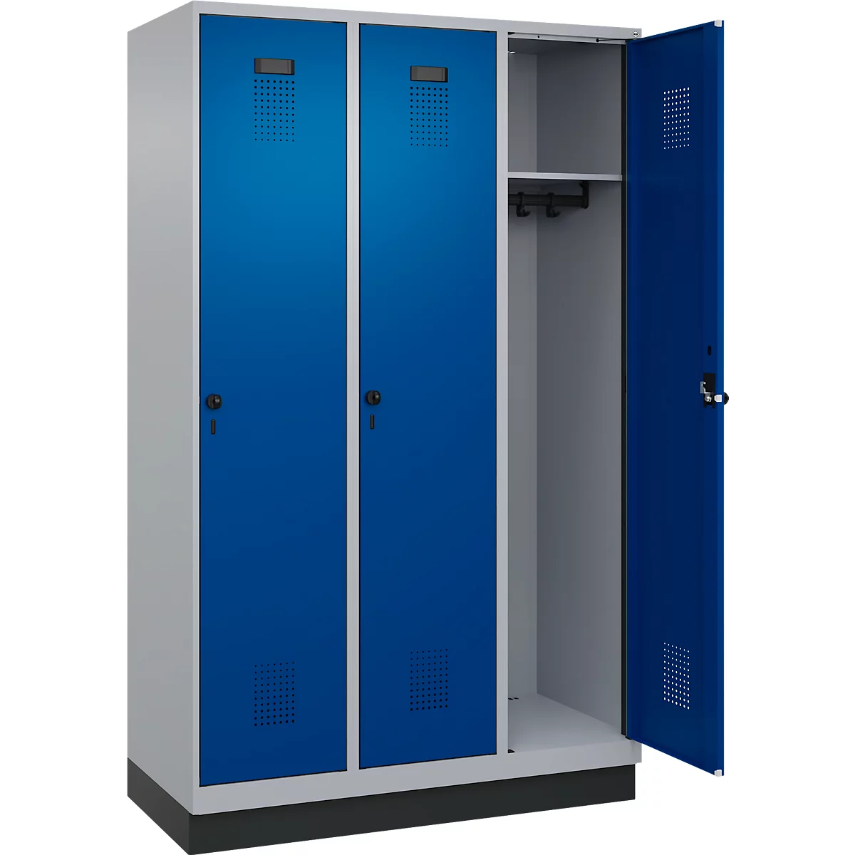 Vestiaire C+P Evolo Plus, 3 compartiments, largeur des compartiments 400 mm, avec socle, charnières à droite, L 1200 x P 500 x H 1950 mm, verrou tournant, blanc aluminium/bleu enzyme