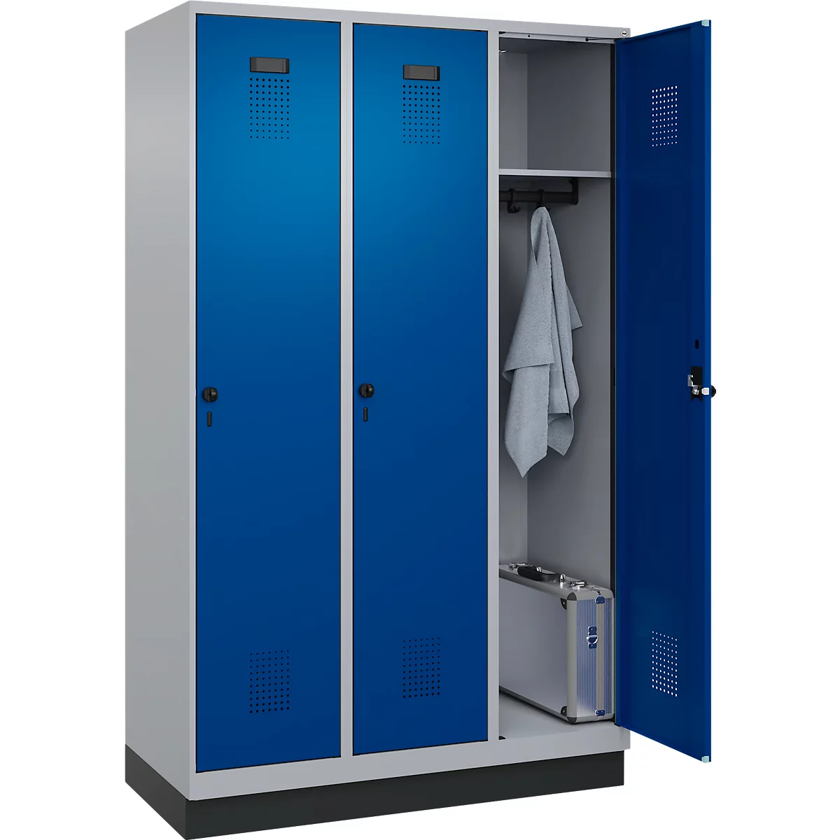 Vestiaire C+P Evolo Plus, 3 compartiments, largeur des compartiments 400 mm, avec socle, charnières à droite, L 1200 x P 500 x H 1950 mm, verrou tournant, blanc aluminium/bleu enzyme