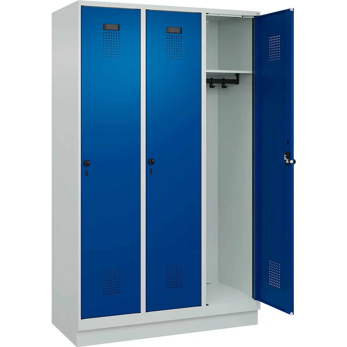 Vestiaire C+P Evolo Plus, 3 compartiments, largeur des compartiments 400 mm, avec socle, charnières à droite, L 1200 x P 500 x H 1950 mm, verrou tournant, gris clair/bleu gentiane