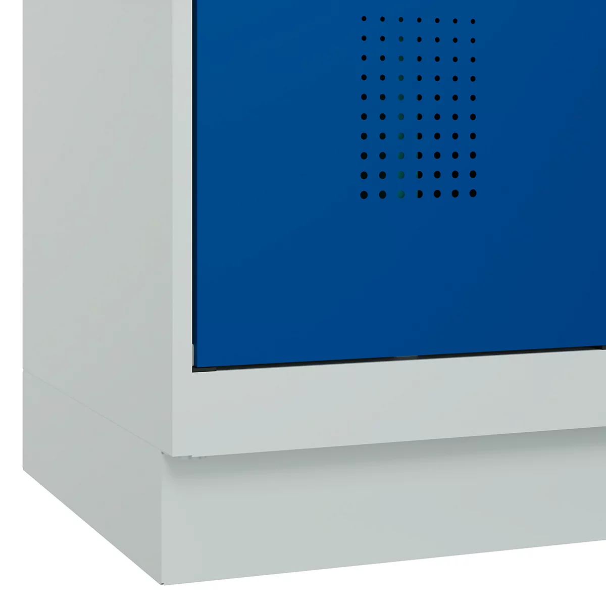 Vestiaire C+P Evolo Plus, 3 compartiments, largeur des compartiments 400 mm, avec socle, charnières à droite, L 1200 x P 500 x H 1950 mm, verrou tournant, gris clair/bleu gentiane