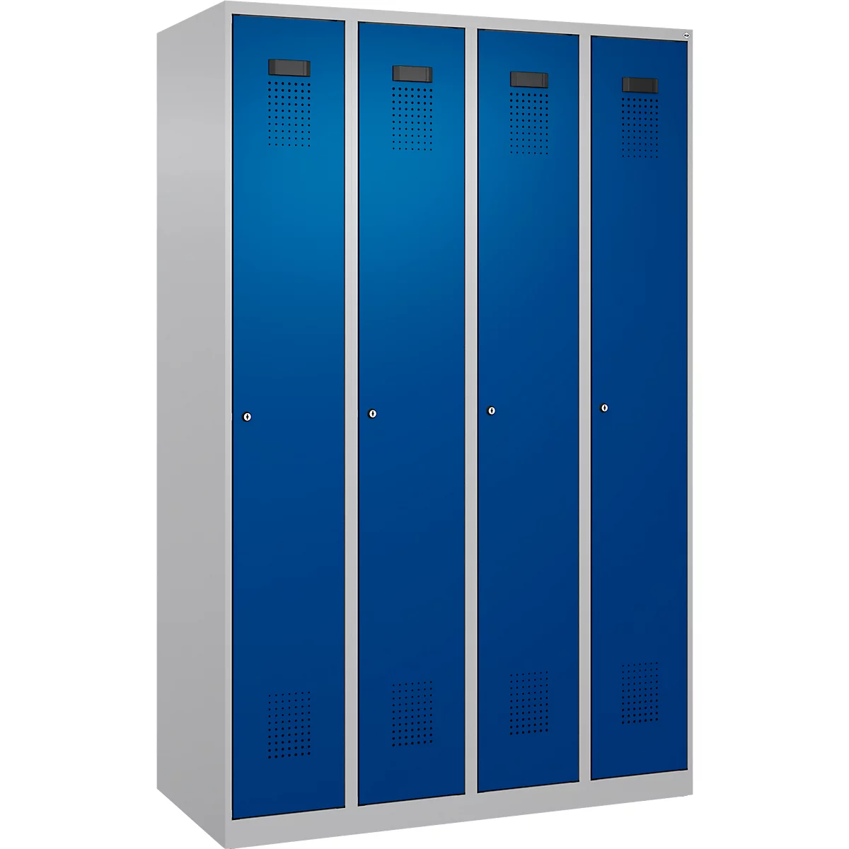 Vestiaire C+P Evolo Plus, 4 compartiments, charnières à droite, serrure à cylindre, butée soft, L 1200 x P 500 x H 1850 mm, aluminium blanc/bleu gentiane