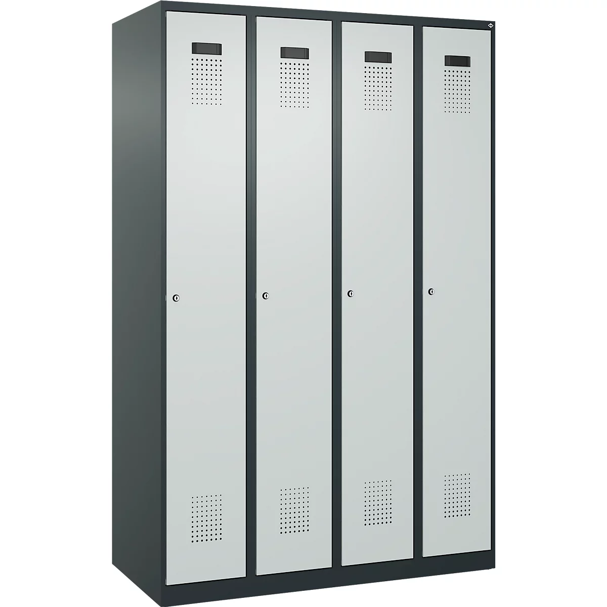 Vestiaire C+P Evolo Plus, 4 compartiments, charnières à droite, serrure à cylindre, butée soft, L 1200 x P 500 x H 1850 mm, gris anthracite/gris clair